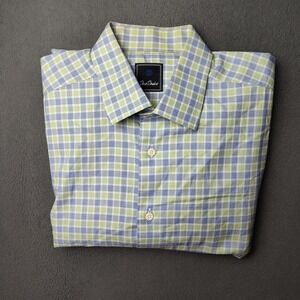 David Donahue Shirt Mens 17 32/33 Green Blue Plaid Long Sleeve Button Front